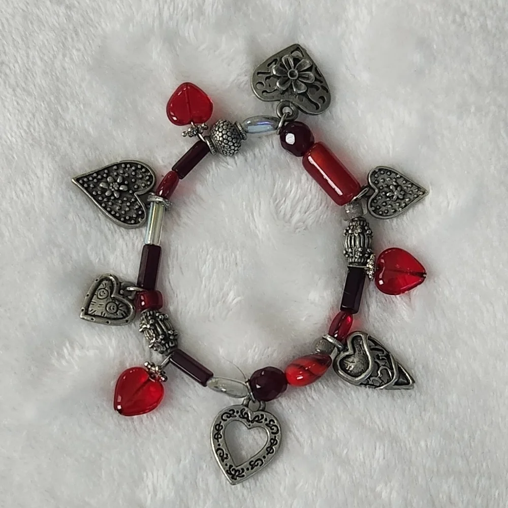 ❤️Heart Charm Bracelet with Red & Silver Accents – Romantic Statement Jewelry - Picture 1 of 9